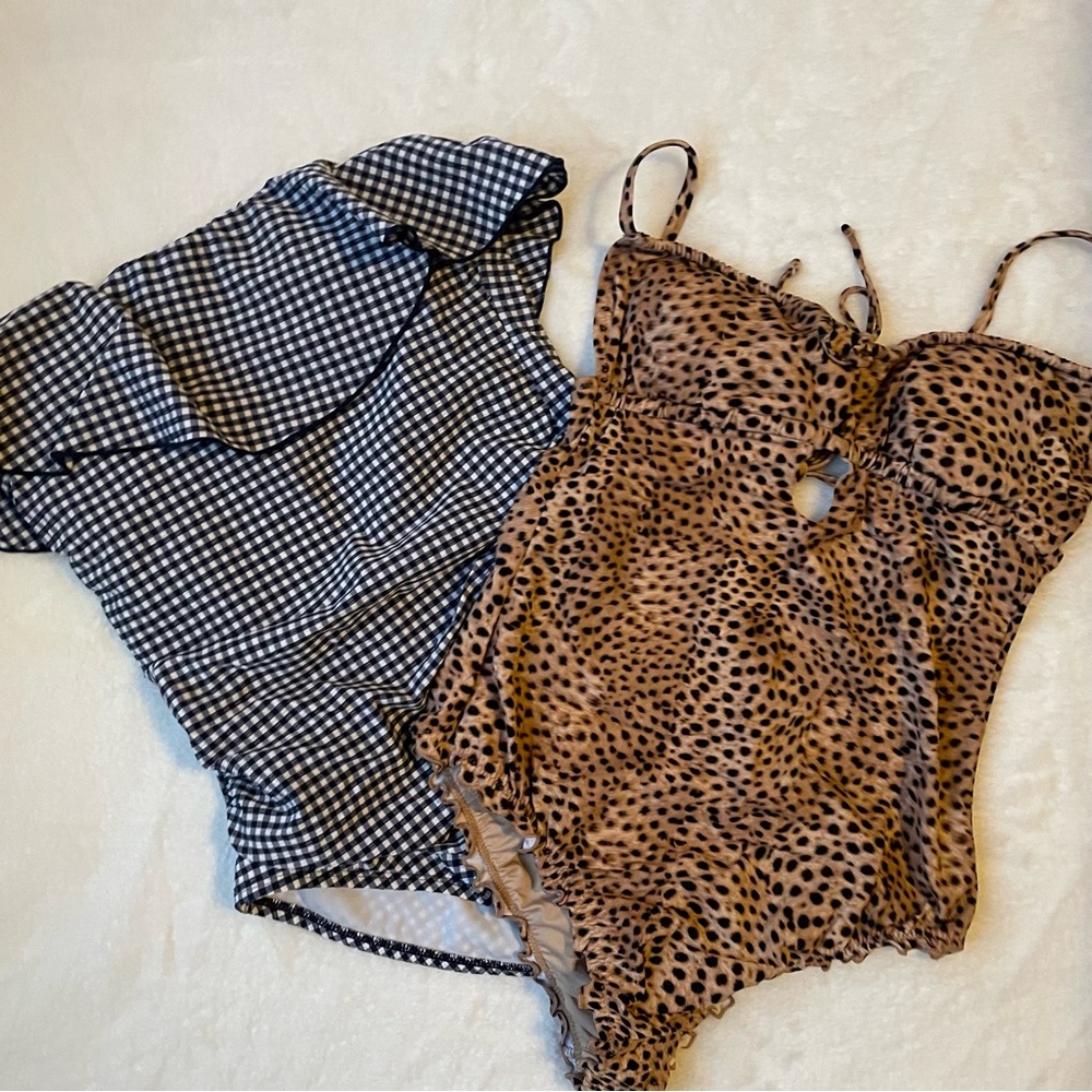 Womens 2 One-Piece Swimsuits, Black & White Checkered Print, Animal Print, Sz S
